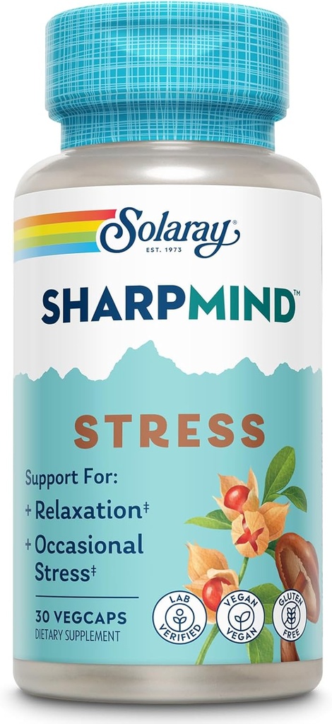 SOLARAY SharpMind Stress, Nootropic Mood Support Supplement for Relaxation and Occasional Stress Relief Support, Adaptogen with Ashwagandha, L Theanine, 60 Day Money Guarantee, 30 Serv 30 VegCaps