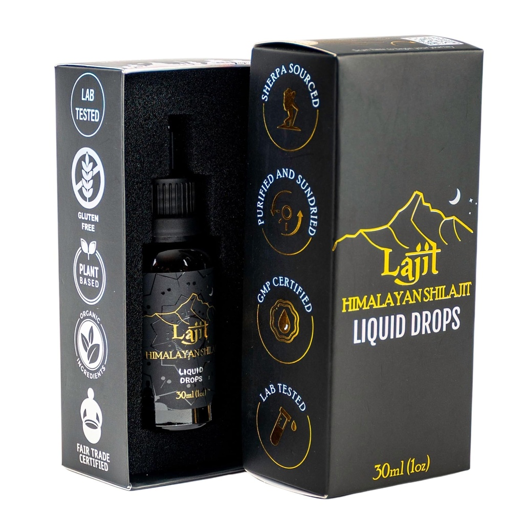 Lajit Gold Grade Himalayan Shilajit Liquid Drops - Økologisk, Sun- Tørret - Biotilgængelige næringsstoffer - Fulvic Acid, 85 + Trace Minerals - Lab testet for mænd og kvinder - Naturlig energi, Immunitet, Styrke - 30ml