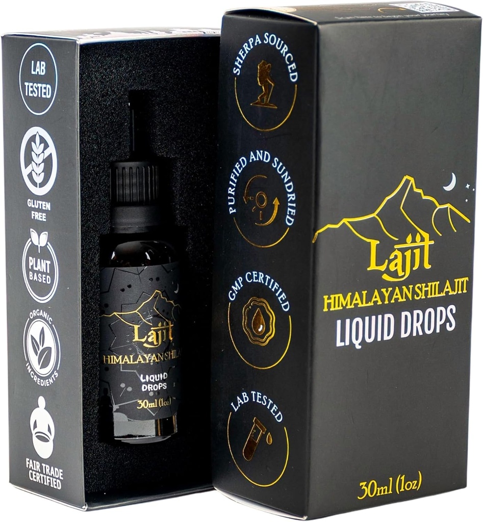 Lajit Gold Grade Himalayan Shilajit Liquid Drops - Økologisk, Sun- Tørret - Biotilgængelige næringsstoffer - Fulvic Acid, 85 + Trace Minerals - Lab testet for mænd og kvinder - Naturlig energi, Immunitet, Styrke - 30ml