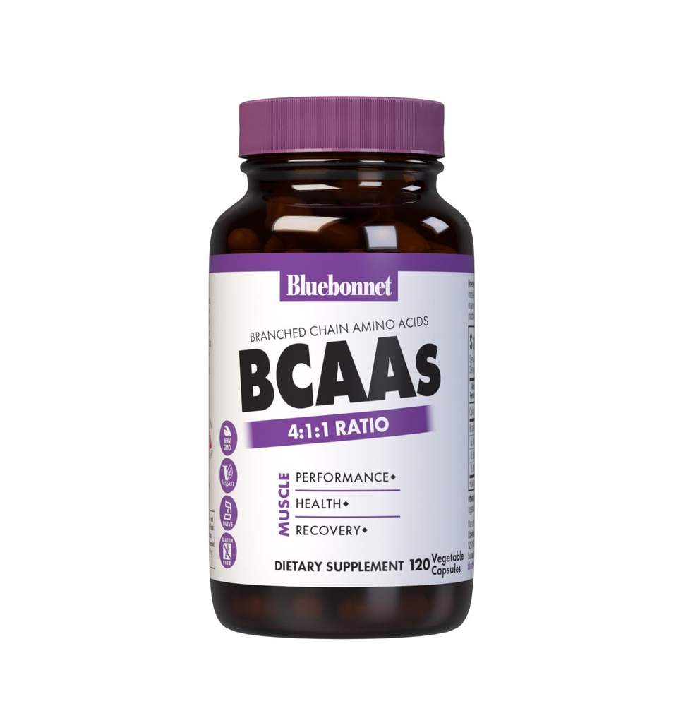 Bluebonnet Nutrition BCAAs 4: 1 Ratio, Muscle Performance *, Muscle Health *, Muscle Repair *, Non- GMO, Vegan, Kosher Certified, Gluten- Free, Soy- Free, Dairy- Free, 120 Vegetabilske kapsler, 30 Servering