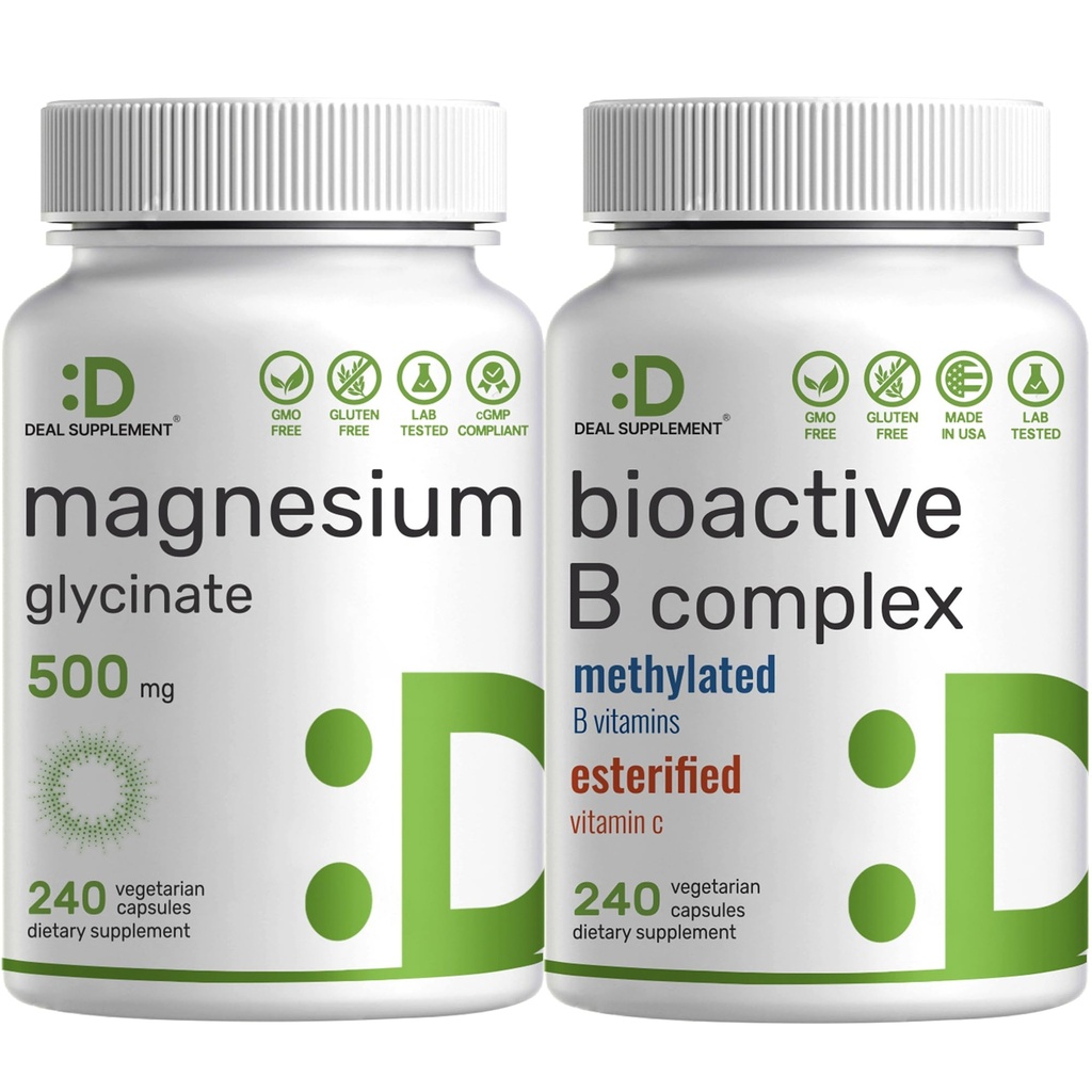 Magnesium Glycinat 500 mg Veggie Capsules & Bioactive Vitamin B Complex Bundle Pack - Nemt Absorberet Chelated Mineral - Immun, Energy, & Metabolisme Supplement