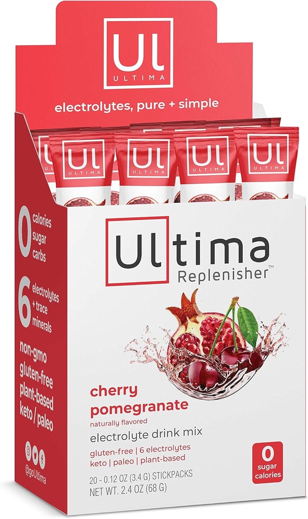 Ultima Replenisher Electrolyte Hydration Drink Mix, Cherry Pomegranate, 20 Serving Stickpack Box, ingen sukker, ingen kulhydrater, ingen kalorier, Keto, Gluten- Free, Non-GMO, Vegan