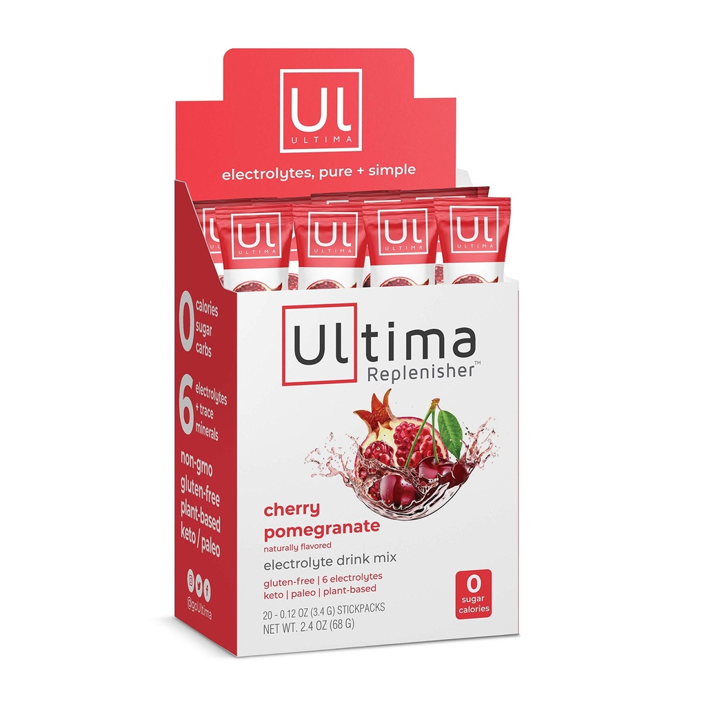 Ultima Replenisher Electrolyte Hydration Drink Mix, Cherry Pomegranate, 20 Serving Stickpack Box, ingen sukker, ingen kulhydrater, ingen kalorier, Keto, Gluten- Free, Non-GMO, Vegan
