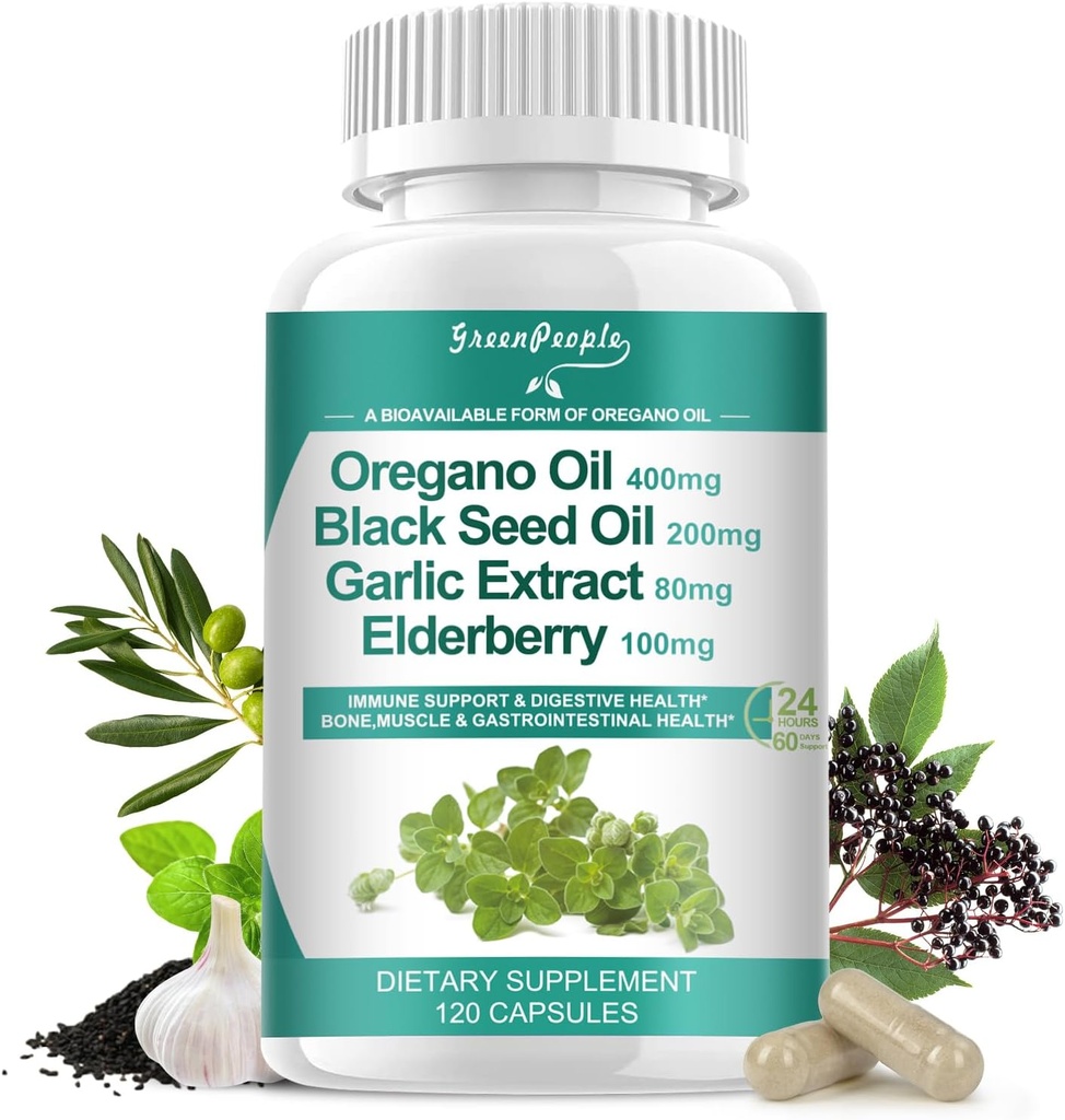 Økologiske Oregano oliekapsler - 11-in-1 Blend med sort frøolie, hyldebær, hvidløg, Olive Leaf- Magnesium & Black Pepper til Absorption - immunforsvar, luftveje og fordøjelsesbesvær - Vegan, non-GMO, 120 Ct