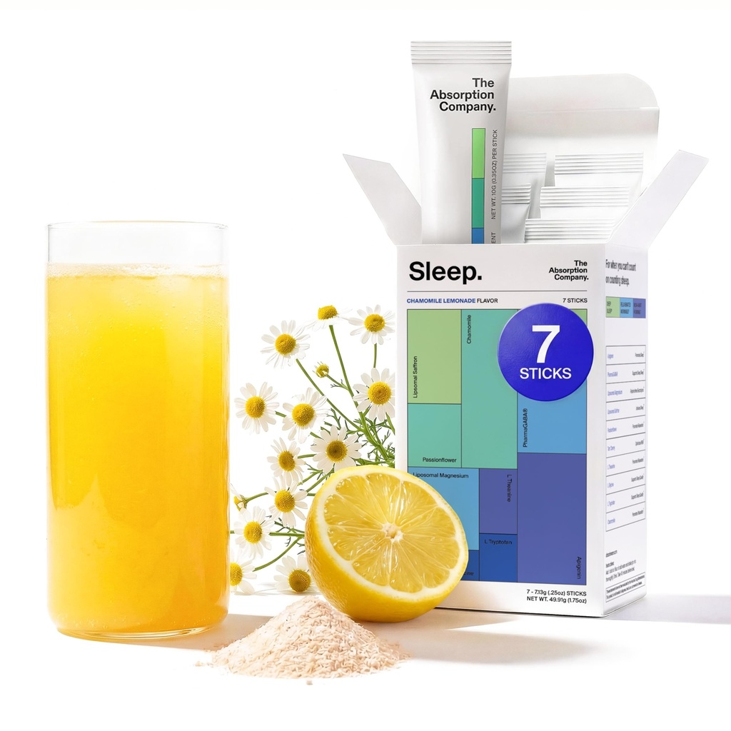 Søvnhjælp pulver - Calming drink til dyb søvn med liposomal safran, Magnesium & PharmaGABA Melatonin- Gratis naturligt supplement til at reducere stress og forbedre søvnkvalitet kamille Lemonade 7 sticks