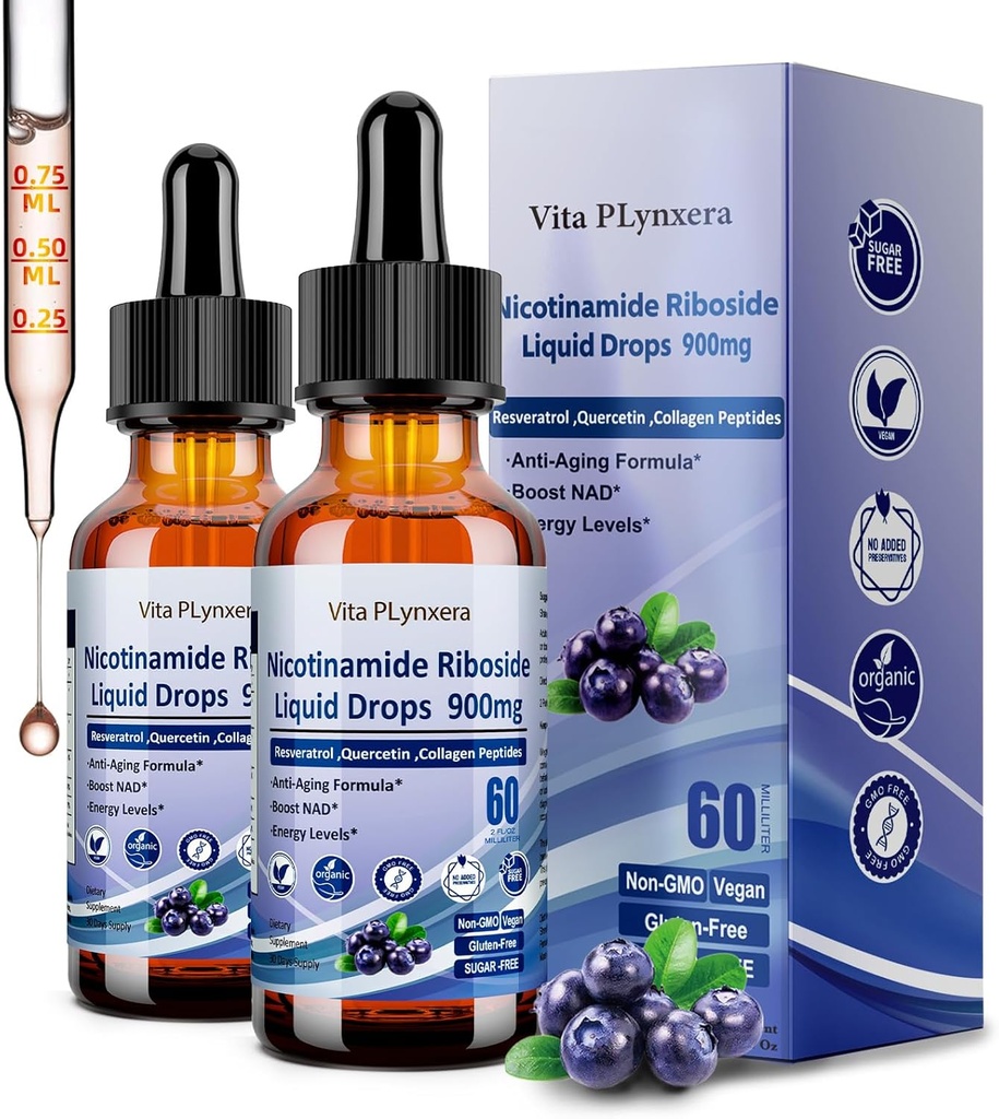 2 Pack NAD Kosttilskud til kvinder & mænd, NAD Nicotinamid Riboside Resveratrol 900mg & Quercetin, Niacin, Collagen, Biotin, flydende NAD Plus Supplement NR900 For Anti- Aging Skin Energy Longevity Focus