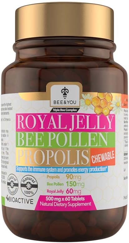 BEE og You Royal Jelly + Propolis + Bee Pollen Chewable Tablets - High Potency - No Kunstig Flavor / Preservatives - No Tilføjet Sugar- No Soy / Milk / Gelatine / GMO / Gluten, 500 mg x 60 Tablets