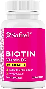 Safrel biotin (vitamin B7) 10,000mcg (10mg) Vitamin supplement, 240 Kapsler - Vegetarisk, Gluten Free, Quick Release, Non- GMO