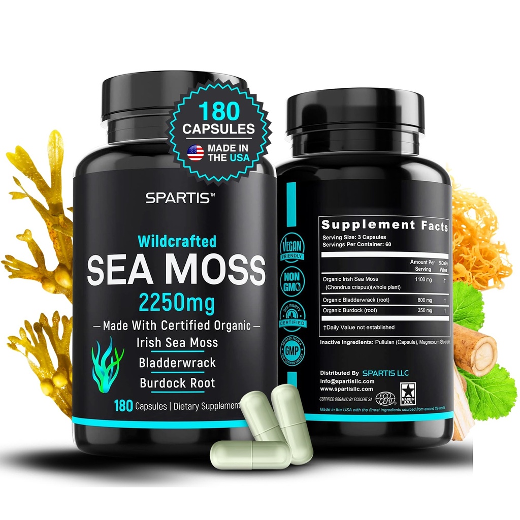 Certified Organic Sea Moss Capsules 2250mg Wildcrafted Irish Sea Moss Burdock Root Bladerwrack Supplement Raw Seamoss Pills & Powder (pakke med 1 på 180 - Caps)