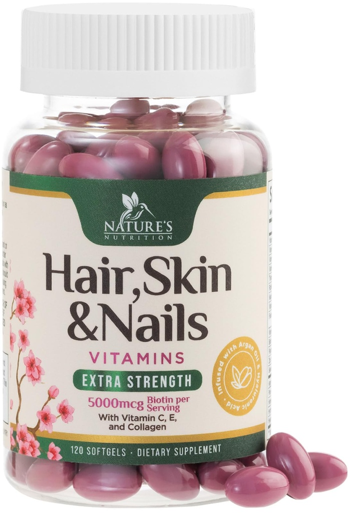 Hår, hud & negle Vitaminer for kvinder - Biotin 5000mcg til støtte hårvækst med Argan Oil, Collagen & Hyaluronsyre, smuk, stærkere hud, hår & negle Vitamin Supplement - 120 Softgels