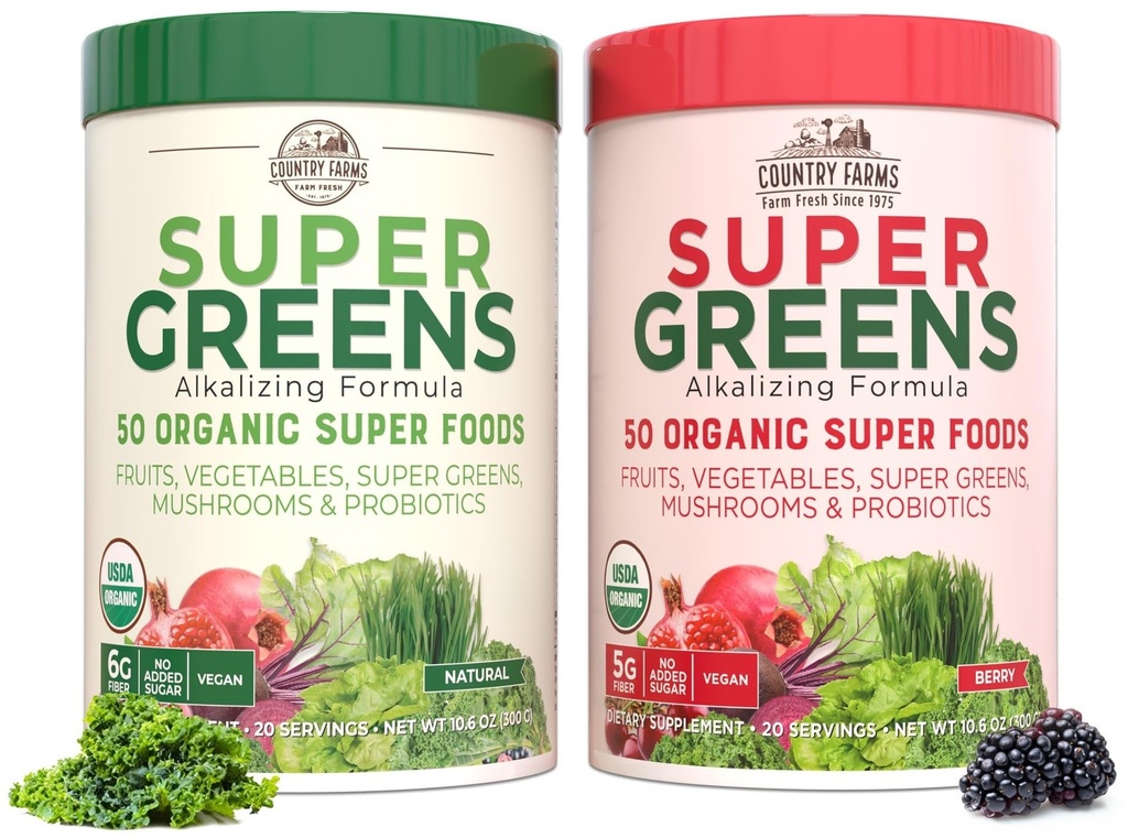 Country Farms Super Green Power Pack, 50 Organic Super Foods, Green Powder med Probiotika til Gut Health & Bloating Relief, Understøtter energi, Unflavored & Berry, 40 Servering