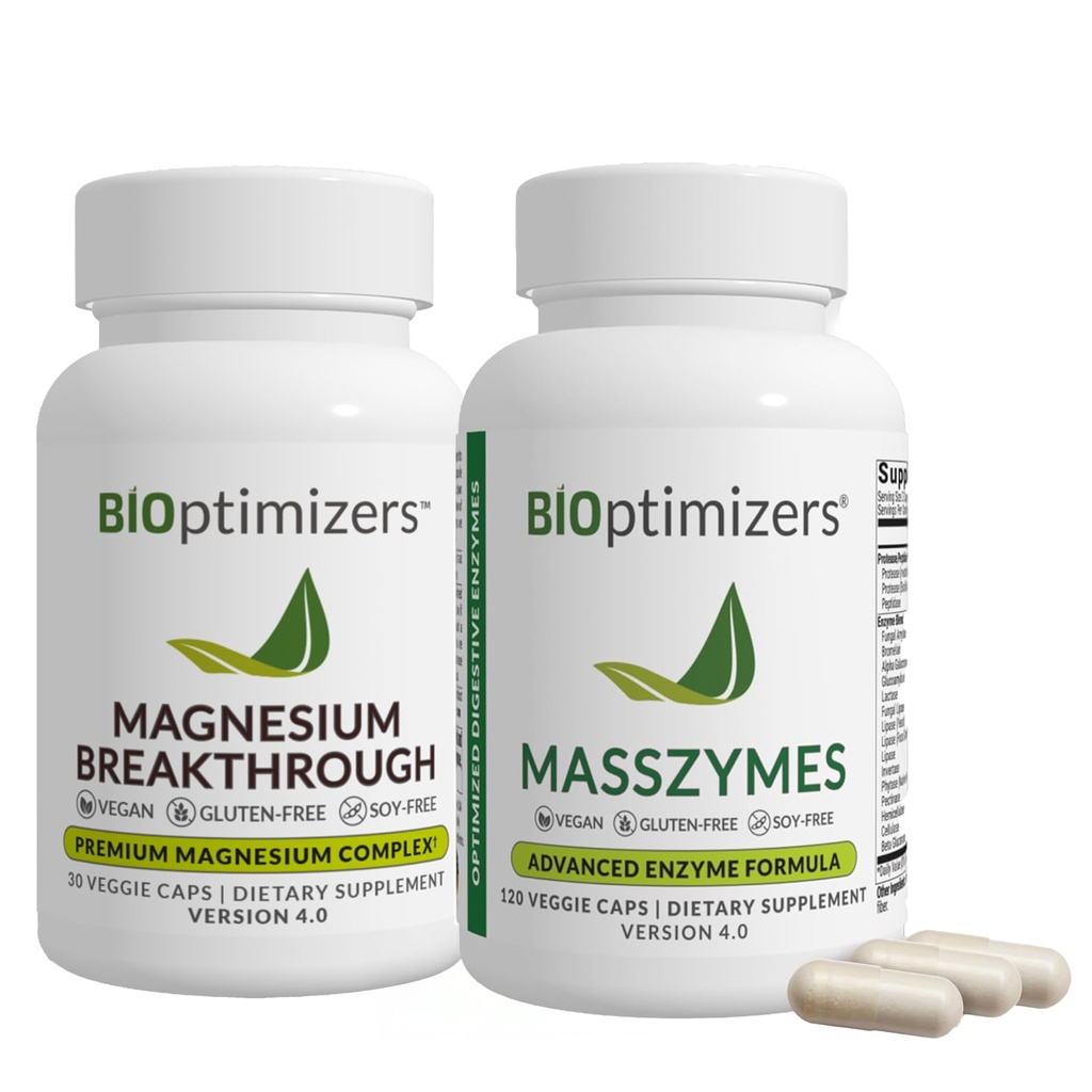 BiOptimizer Magnesium Breakthrough 4.0, (30 kapsler) & MassZymes 4.0, (120 kapsler) - Natural Sleep, Brain, og fordøjelsessygdomme Support Bundle