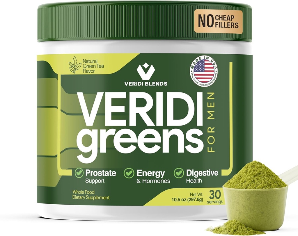 Veridi Grønne for mænd 40 + Buddy 124; Daily Superfood Green Powder for Prostate Health, Hormone & Energy Support Buddy 124; Premium USA Blend med Spirulina, Saw Palmetto, Zink & Enzymes