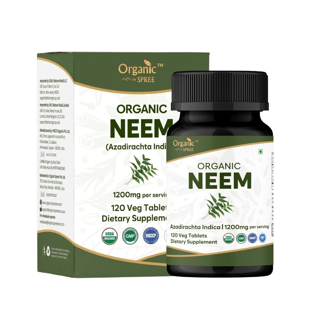 Neem 120 tabletter á 124; Azadirachta Indica (Neem) á 124; USDA Organic Certified