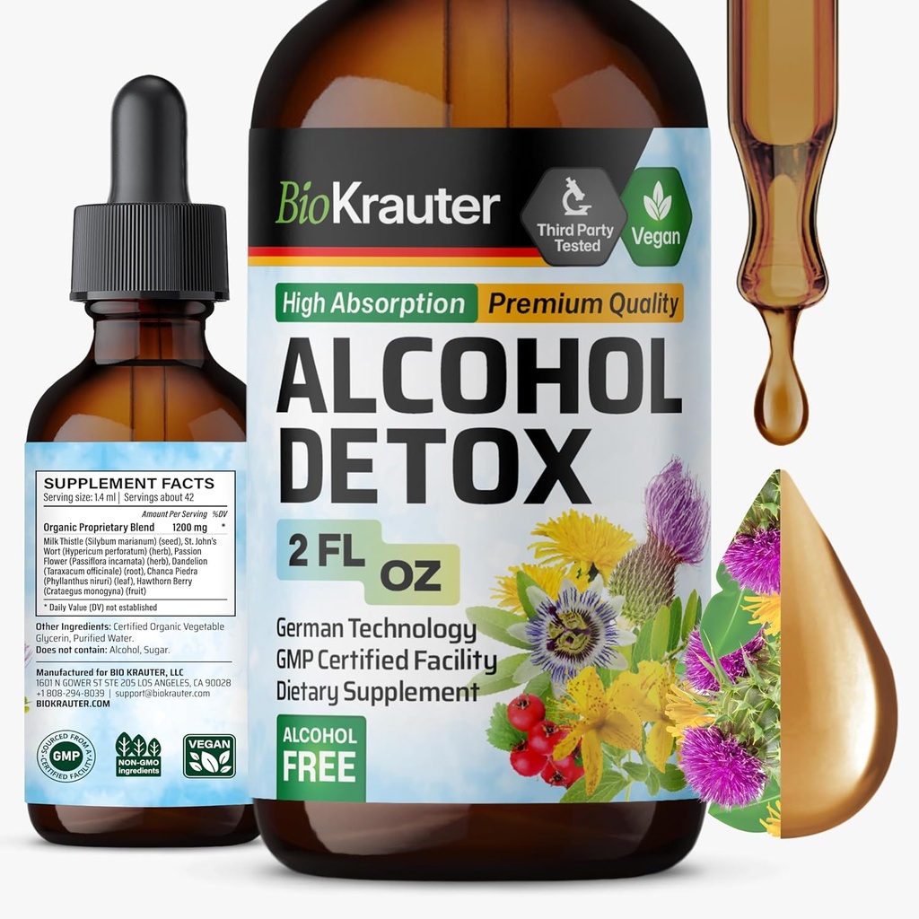 BIO KRAUTER Alkohol Detox Tinktur - Lever rense & Detox Formel - Milk Thistle & Dandeelion - Lever Support Liquid Extract - Alkohol og sukker fri - Vegan Drops 2 Fl.Oz.