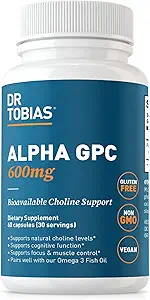 Dr. Tobias Alpha GPC 600mg Per Servering - Biotilgængelige Cholin Kosttilskud til hjerne, hukommelse og fokus - Premium Nootrope Alpha GPC Cholin Supplement, Vegan, Non- GMO, 60 Kapsler, 30 Servere
