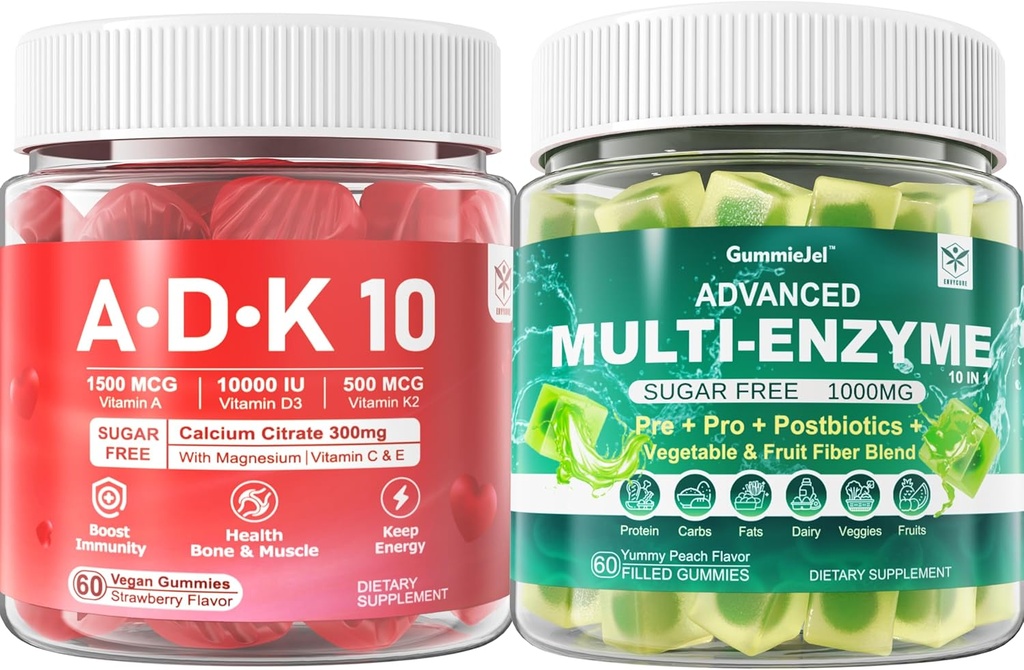 Digitale enzymer Gummies 1000mg Chewable - Break Down Food Hurtigt, 90 Millioner CFU, Probiotika, Postbiotika, Prebiotic & Fiber Blend & Vitamin ADK Gummies + Calcium Magnesium Zink supplement