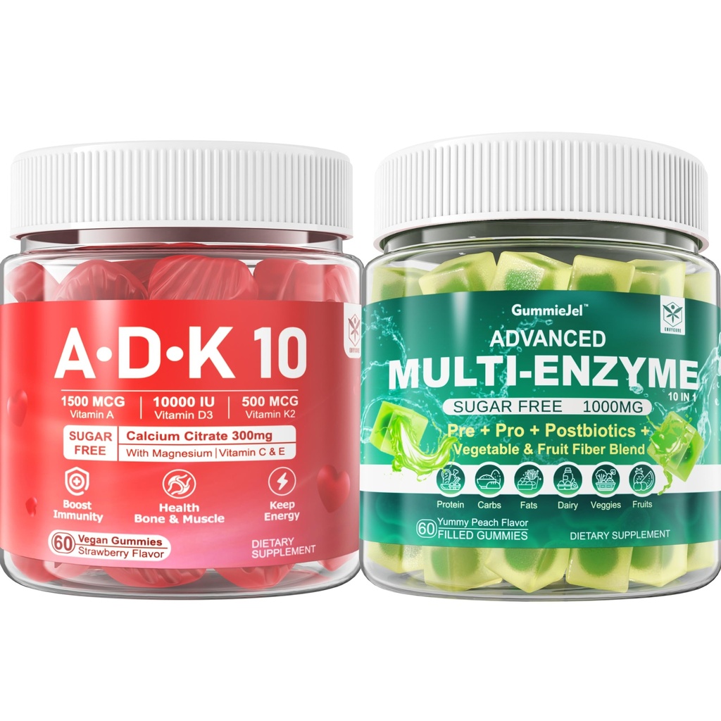 Digitale enzymer Gummies 1000mg Chewable - Break Down Food Hurtigt, 90 Millioner CFU, Probiotika, Postbiotika, Prebiotic & Fiber Blend & Vitamin ADK Gummies + Calcium Magnesium Zink supplement