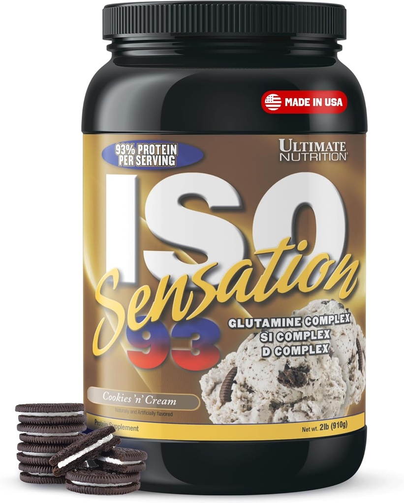 Ultimate Nutrition Whey Protein Isolate Powder med Glutamin Complex, ISO Sensation 93 - Whey Protein Powder med Tilføjet Colostrum for forbedret inddrivelse, Immunitet & Gut Sundhed - Cookies N Cream, 2lbs