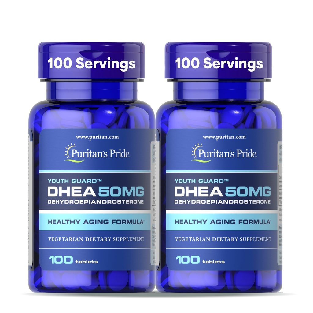 Puritan 's Pride Youth Guard DHEA for kvinder og mænd 50mg, Kosttilskud til sund aldring, 3 måneders levering, 100 tabletter, 2 pakker