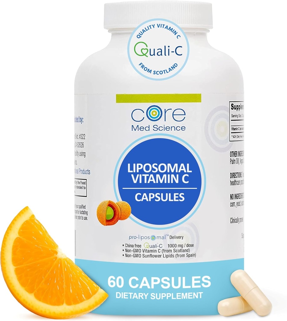 Core Med Science Liposomal Vitamin C 1000mg, 60 kapsler - Non-GMO Natural Liposomal Vitamin C tillæg, der fremmer sund hud - immunsystemet Booster for voksne, understøtter kollagen dannelse