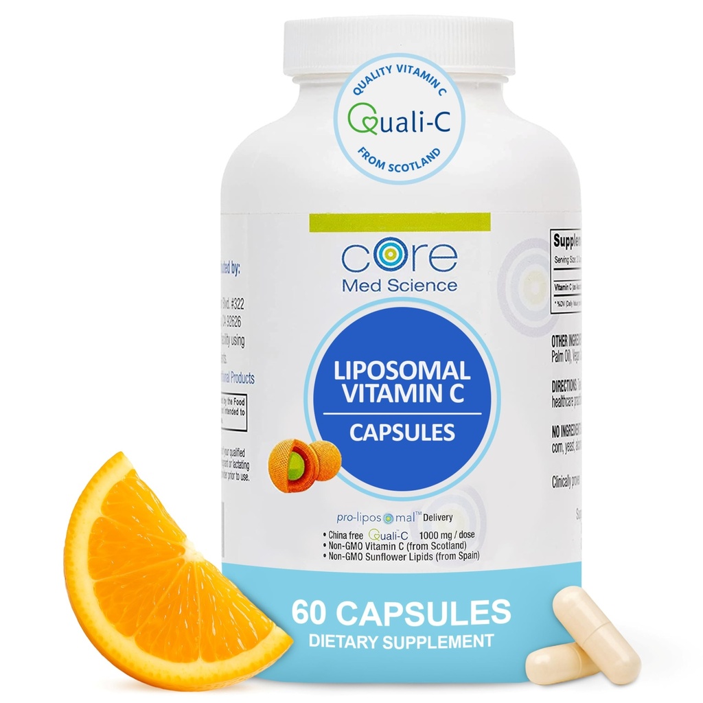 Core Med Science Liposomal Vitamin C 1000mg, 60 kapsler - Non-GMO Natural Liposomal Vitamin C tillæg, der fremmer sund hud - immunsystemet Booster for voksne, understøtter kollagen dannelse
