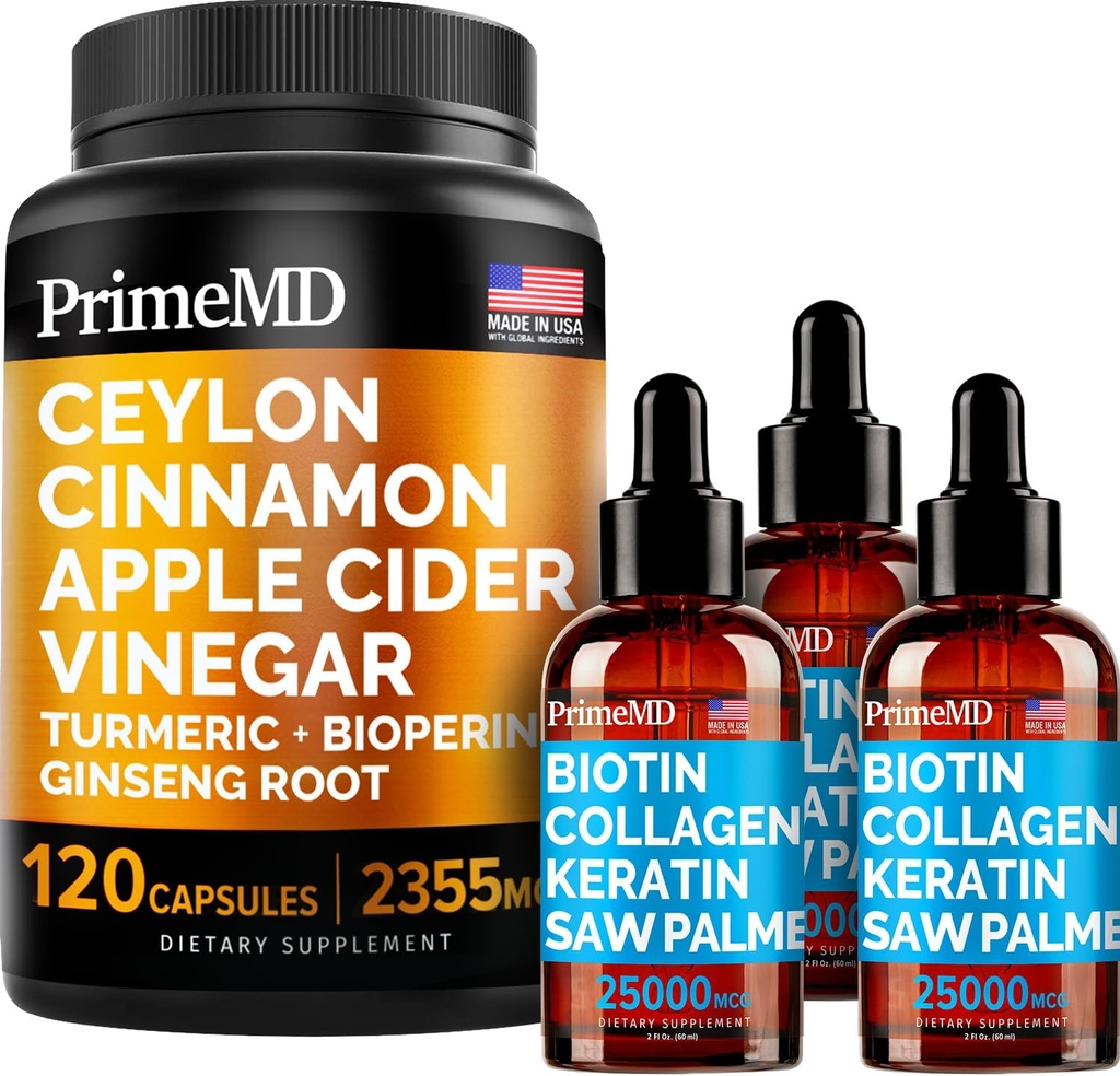 4-in-1 Flydende biotin collagen Keratin Saw Palmetto Drops (2 fl oz - 3 Pack) & 5-in-1 Ceylon Cinnamon w gurkemeje & Ginseng Root (120ct) Bundle - Hår, hud, negle, & immunforsvar supplement