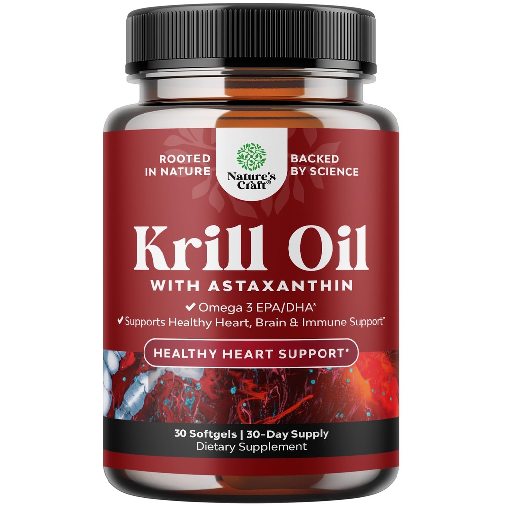 Krill Omega 3 Fish Oil Softgel - Koncentreret Krill EPA & DHA Fish Oil Omega 3 supplement til kvinder & mænd for immunforsvar, sund hjerne & hjerte sundhed - Burpless Fede Acid Supplement - 30 Tæl