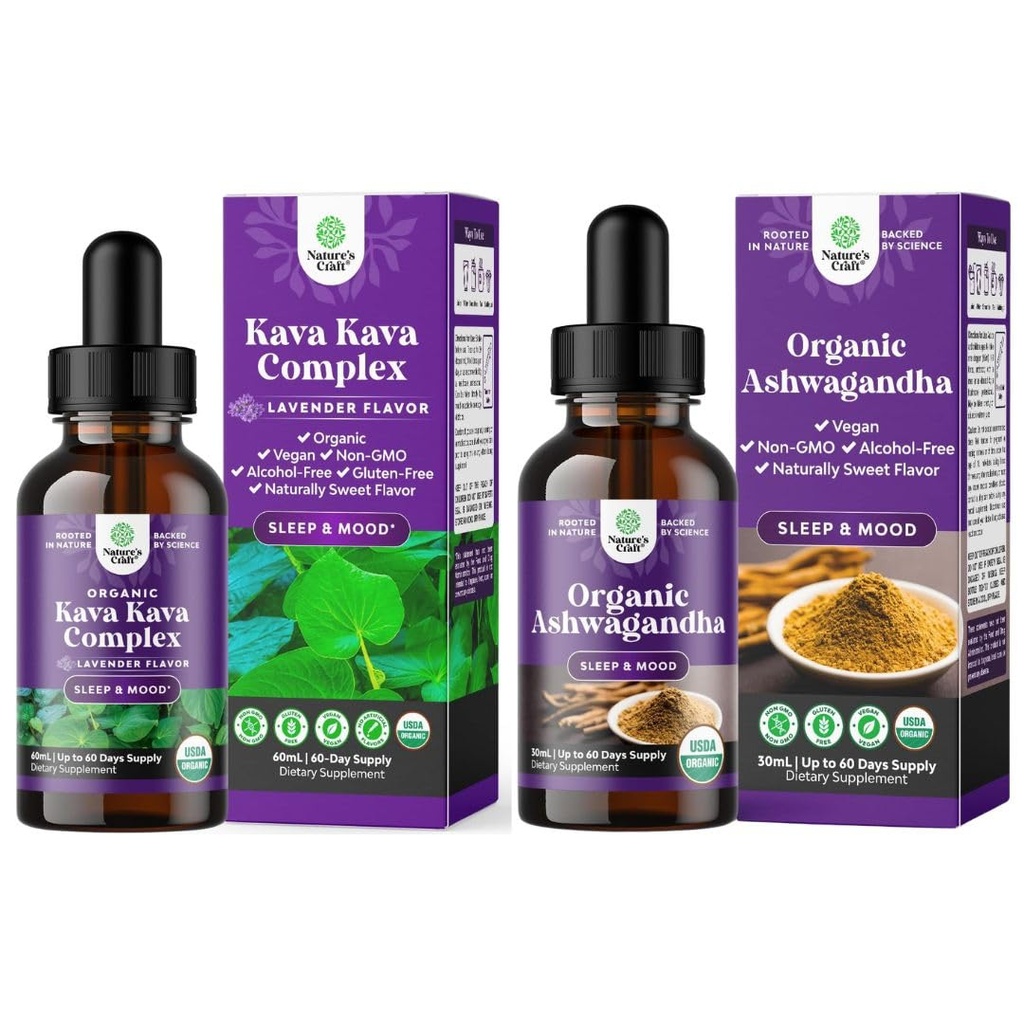 Bundle of Potent Liquid Kava Kava Drops Supplement med Kavalactoner for bedre søvn og USDA Organic Ashwagandha Liquid Drops - Ashwagandha Root Extract for Stress og Mood Support til voksne