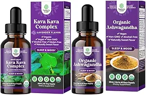 Bundle of Potent Liquid Kava Kava Drops Supplement med Kavalactoner for bedre søvn og USDA Organic Ashwagandha Liquid Drops - Ashwagandha Root Extract for Stress og Mood Support til voksne