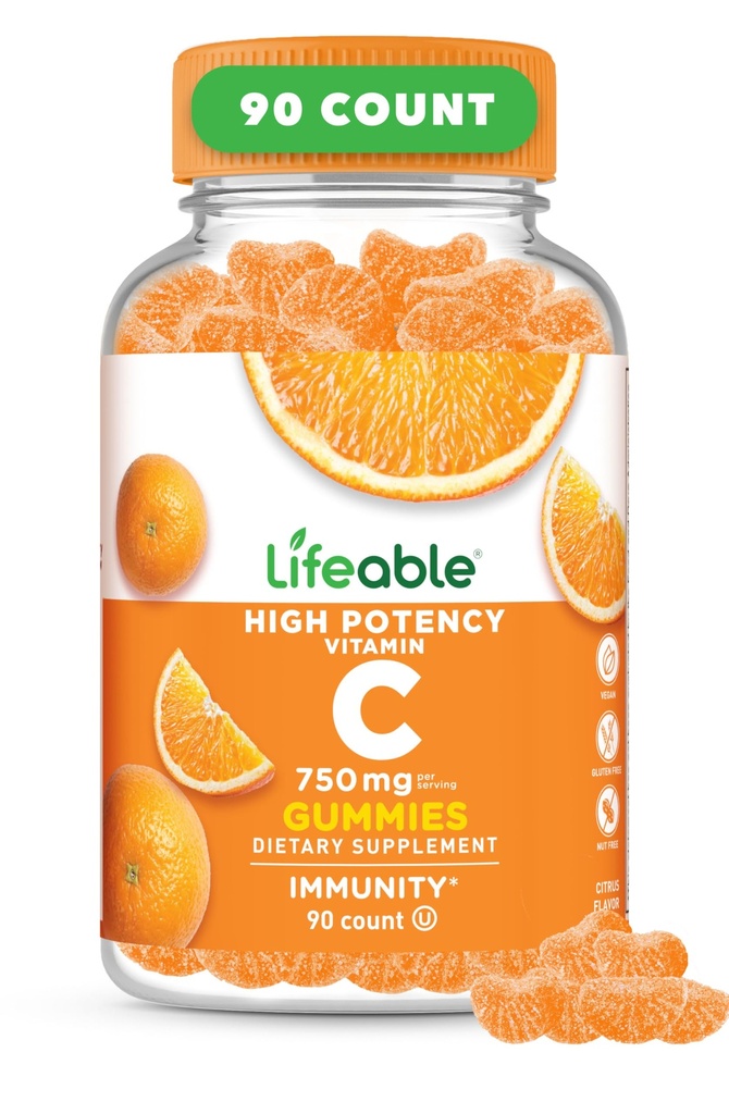 Levende C-vitamin Gummier til voksne • 124; 750mg • 124; Great Tasting Orange Flavor • VIT C • 124; Vegan Non GMO • C • Chewable • 124; for immunforsvar • 124; 90 Gummier