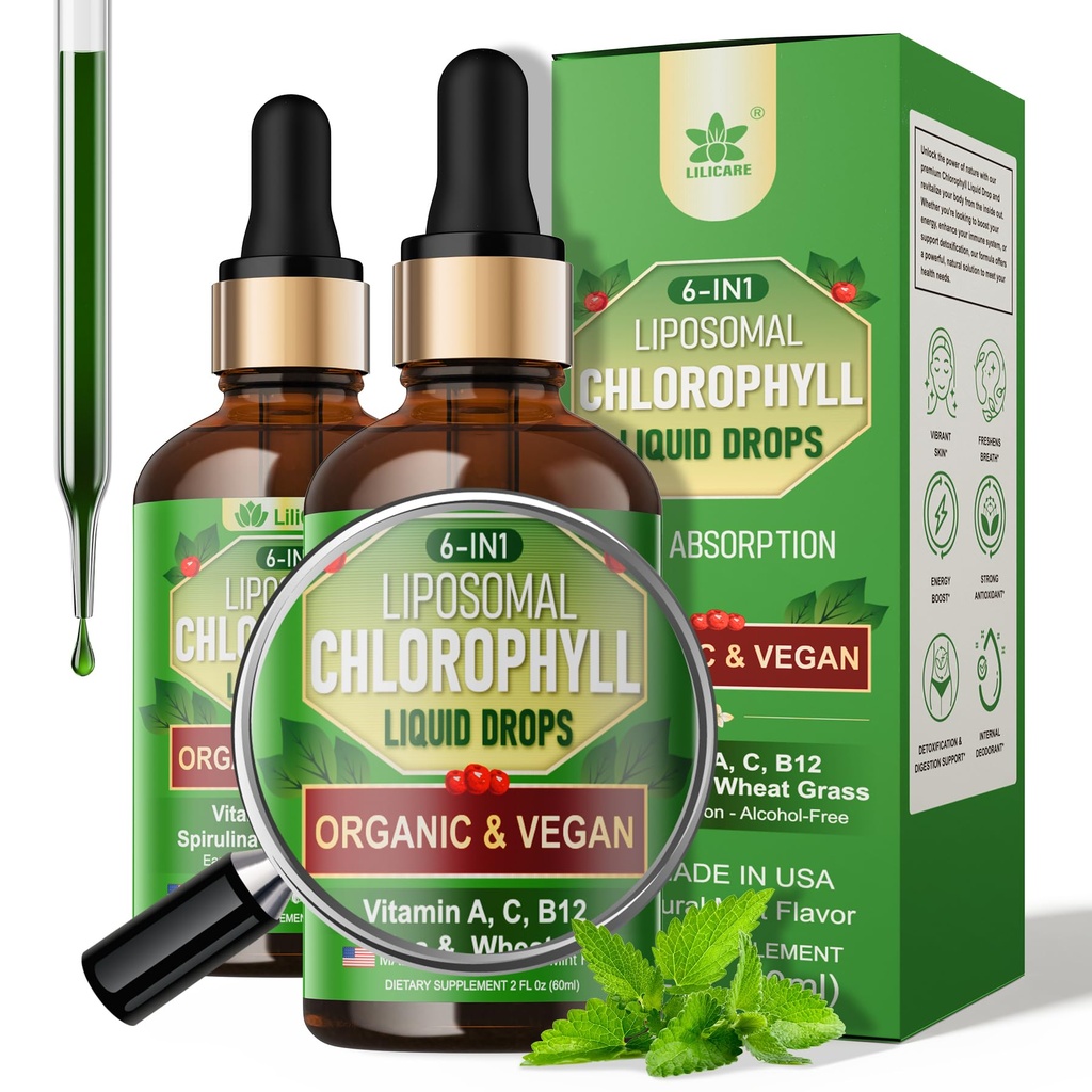 Organic Chlorophyll Flydende dråber Liposomal for kvinder & mænd, 6-in-1 Grønne Superfood Vegan Chlorophyll w / Spirulina, Hvede Græs, C-vitamin B12 A for intern deodorant *, Energi, fordøjelsesfremmende, 2Packs / 4 Fl Oz