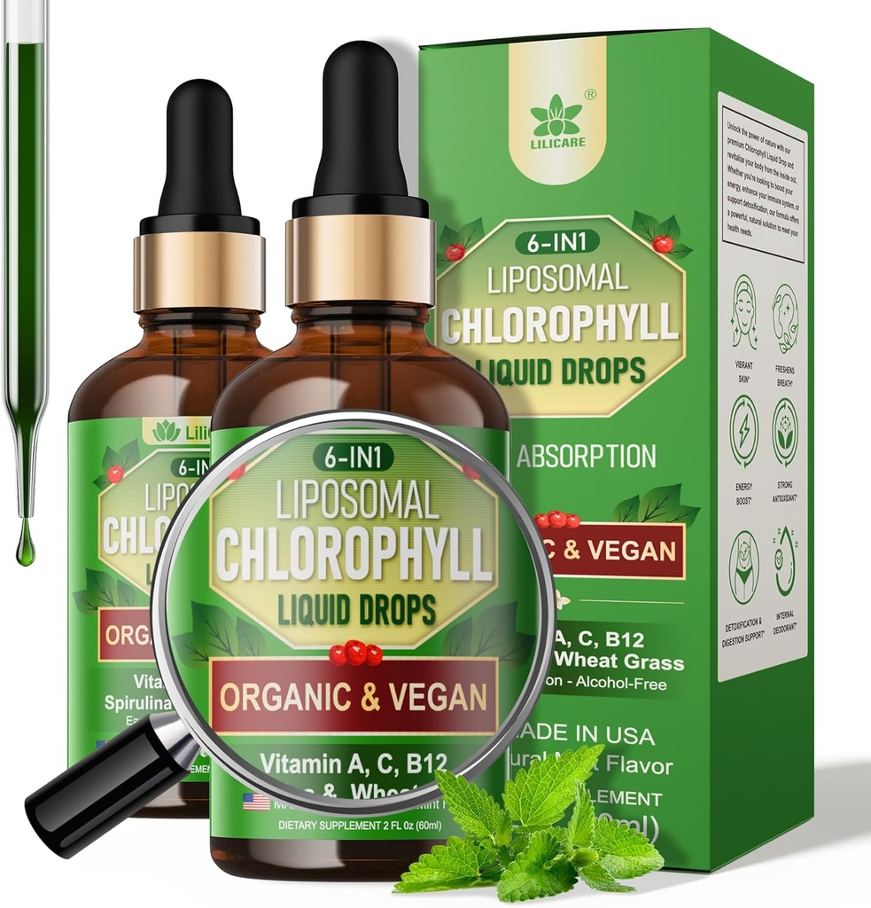Organic Chlorophyll Flydende dråber Liposomal for kvinder & mænd, 6-in-1 Grønne Superfood Vegan Chlorophyll w / Spirulina, Hvede Græs, C-vitamin B12 A for intern deodorant *, Energi, fordøjelsesfremmende, 2Packs / 4 Fl Oz
