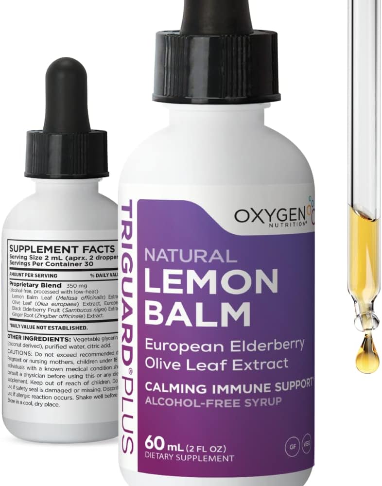 TriGuard Lemon Balm Plus - Lemon Balm Extract, Elderberry, Olive Leaf Extract Tincture 2 fl oz Memory 124; Til opkaldsbehandling, Stress Relief, immunforsvar og opflammelse Memory 124; Alkohol- fri, Non- GMO, Lavet i USA