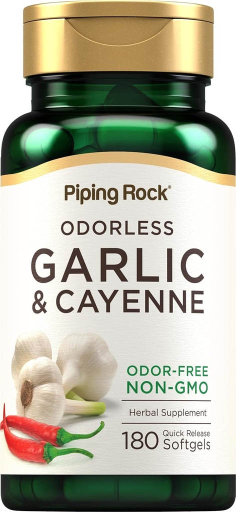 Piping Rock Odorless Hvidløg Softgels against 124; 180 Softgels against 124; tillæg med Cayenne Extract against 124; Allium Sativum against 124; Non- GMO, Gluten Free