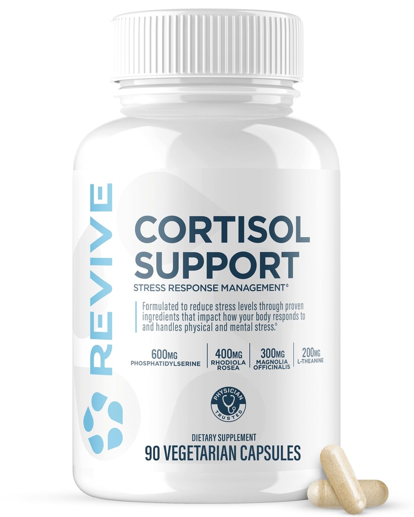 Revive MD Cortisol Manager, 90 Vegetarian Capsules - Cortisol Supplement w/Magnesium & L-Theanine Support Health, Focus, Energy, Fatigue, & Adrenal Gland Function - Vegan & Gluten-Free (30 Servings)
