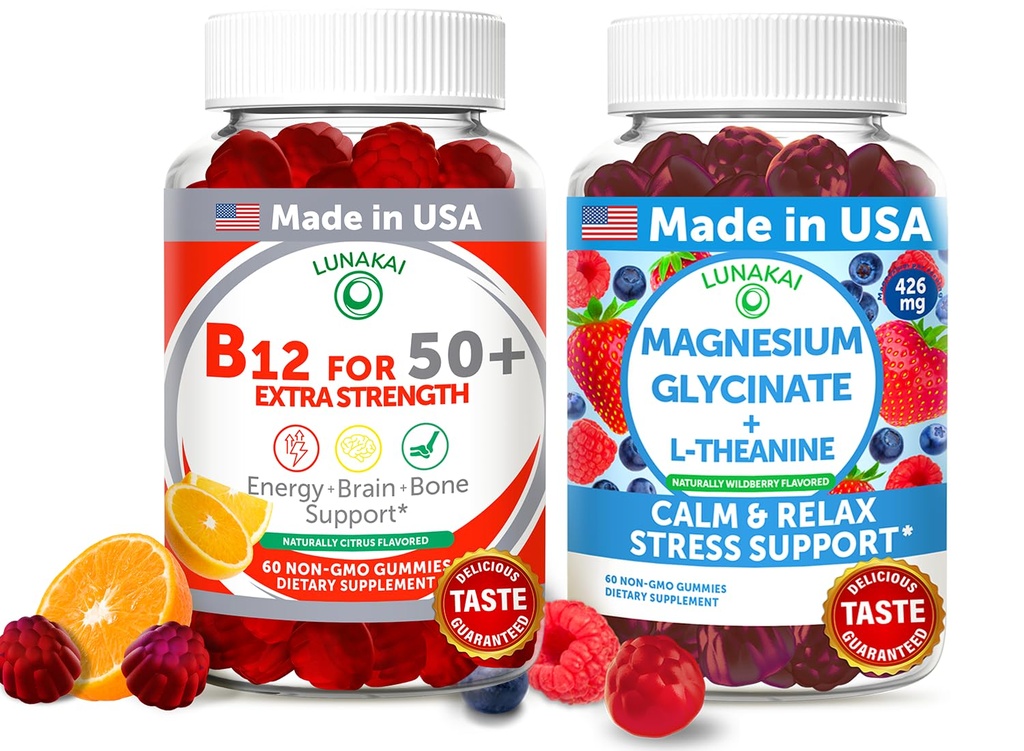 Lunakai USA Made Vitamin B12 for voksne 50 + & Magnesium Glycinate Gummies Bundle, Understøtter energi, Mood, Afslapning & Stress Relief, Non- GMO, Vegan, 60ct Hver