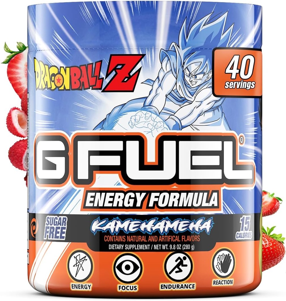 G Fuel Dragon Ball Z Energy Drink Powder, Pre Workout Koffein Mix for Gaming, Sugar Free Focus Amino, Vitamin + Antioxidanter, 9.8oz (Jordbær Lychee, 40 Servere)