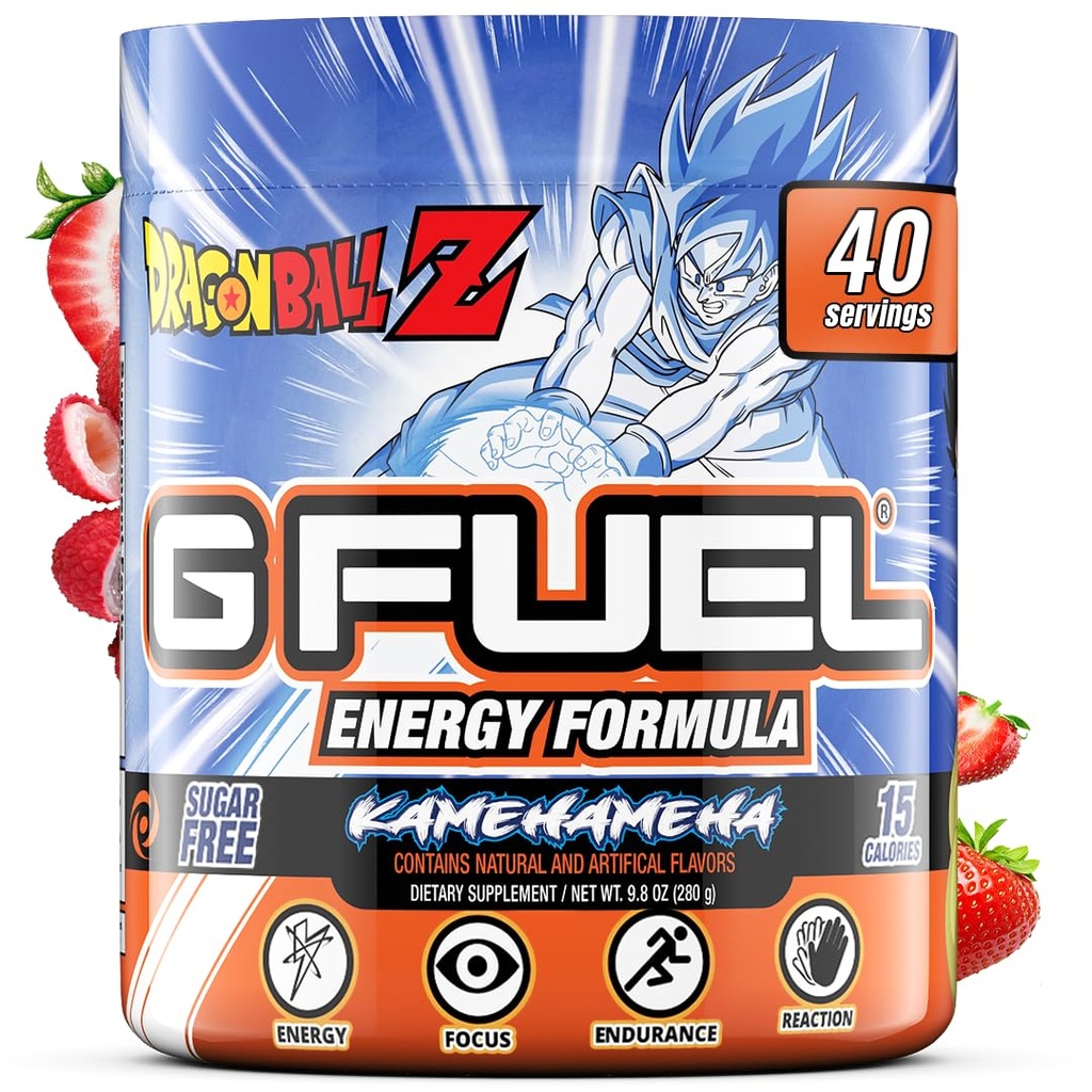 G Fuel Dragon Ball Z Energy Drink Powder, Pre Workout Koffein Mix for Gaming, Sugar Free Focus Amino, Vitamin + Antioxidanter, 9.8oz (Jordbær Lychee, 40 Servere)