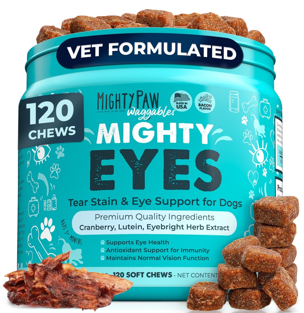 Mægtige Paw Waggables øjne (Made in USA); Tear Stain Chews for hunde. Vision og Tear Stain Support Kosttilskud til hunde. Lutein supplement. Smøreøjne, immunforsvar (120 Ct)