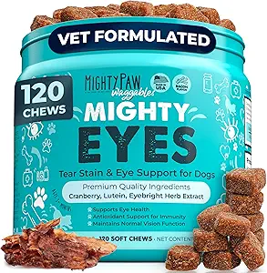 Mægtige Paw Waggables øjne (Made in USA); Tear Stain Chews for hunde. Vision og Tear Stain Support Kosttilskud til hunde. Lutein supplement. Smøreøjne, immunforsvar (120 Ct)