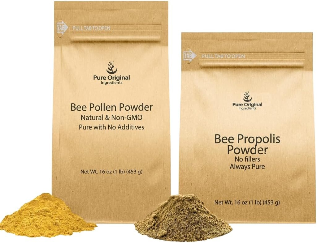 PURE ORIGINAL INGREDIENSER Bee Pollen Powder and Bee Propolis Powder Bundle, 1 LB Hver, Ingen Fillers, Lab Verified