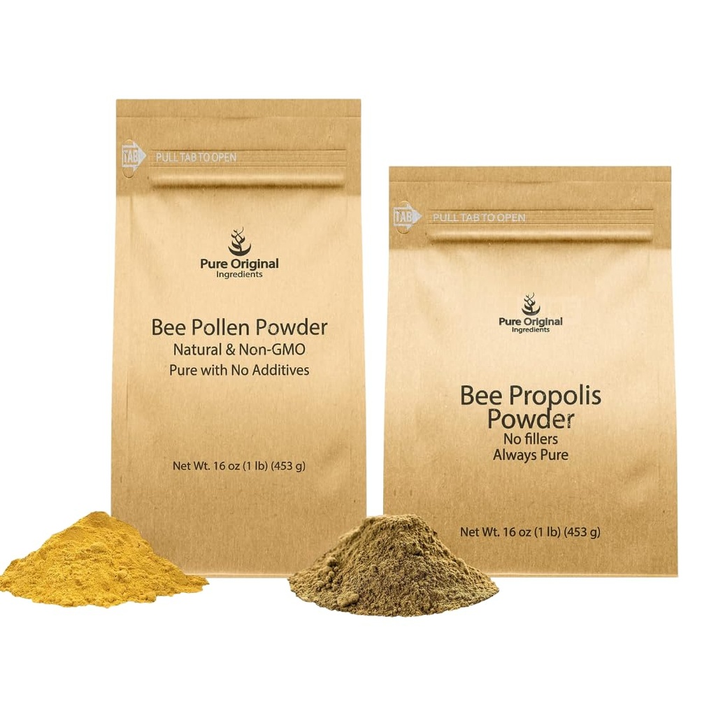 PURE ORIGINAL INGREDIENSER Bee Pollen Powder and Bee Propolis Powder Bundle, 1 LB Hver, Ingen Fillers, Lab Verified