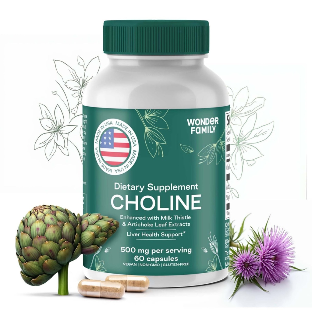 Cholin Bitartrate 500MG - Premium Cholin Kosttilskud - Leversupporttillæg & Gallblære Kosttilskud - Colina Suplemento 500 mg Orgánica - Brain Vitamin til hukommelse og fokus - 60 Cholin Caps