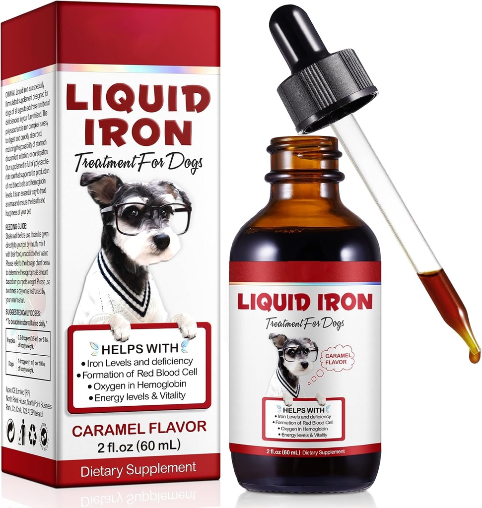 Flydende jerntilskud til hunde, LiquiI Jern med C-vitamin og B12, understøtter anæmi, Lavt enery niveauer og letargi, fremmer blodsundhed, hjælper med dannelse af røde blodlegemer