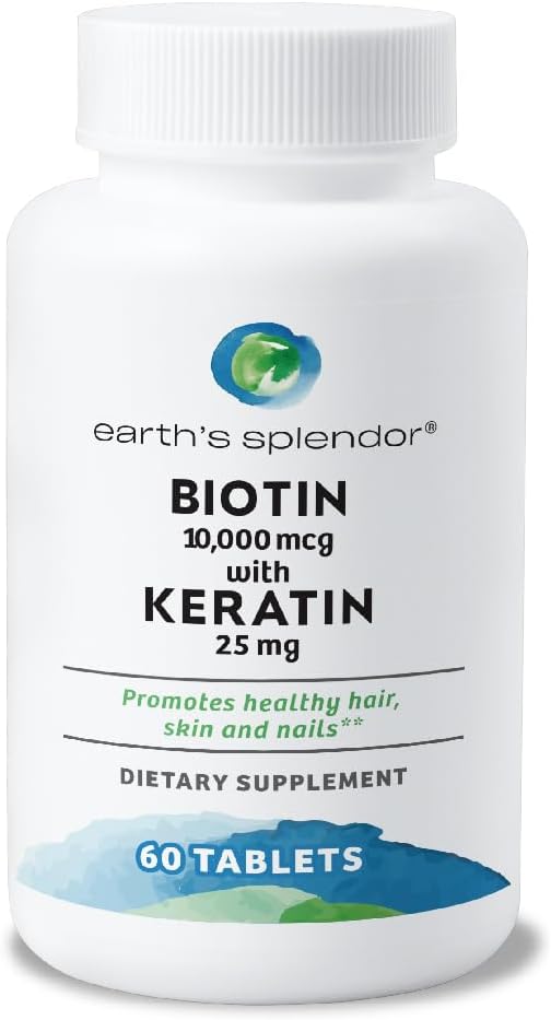 Jordens Splendor Biotin 10.000 mcg + Keratin 25mg, fremmer sundt hår, stærke negle og hud støtte, 60- dag forsyning