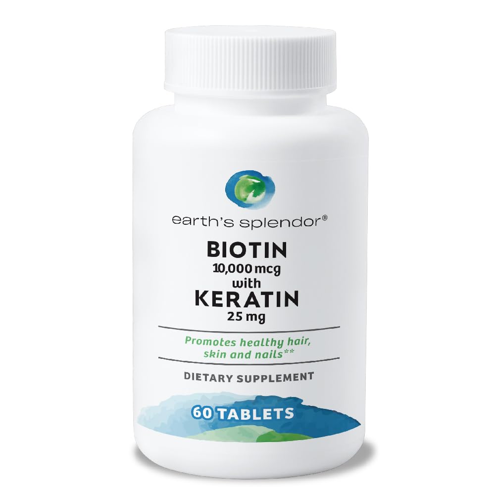 Jordens Splendor Biotin 10.000 mcg + Keratin 25mg, fremmer sundt hår, stærke negle og hud støtte, 60- dag forsyning