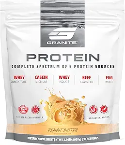 Granite Nutrition Protein Powder - Premium 5-Source Blend (Whey, Casein, Egg, Grass-Fed Beef) for Lean Muscle and Recovery - Peanut Butter Flavor, 30 Servings