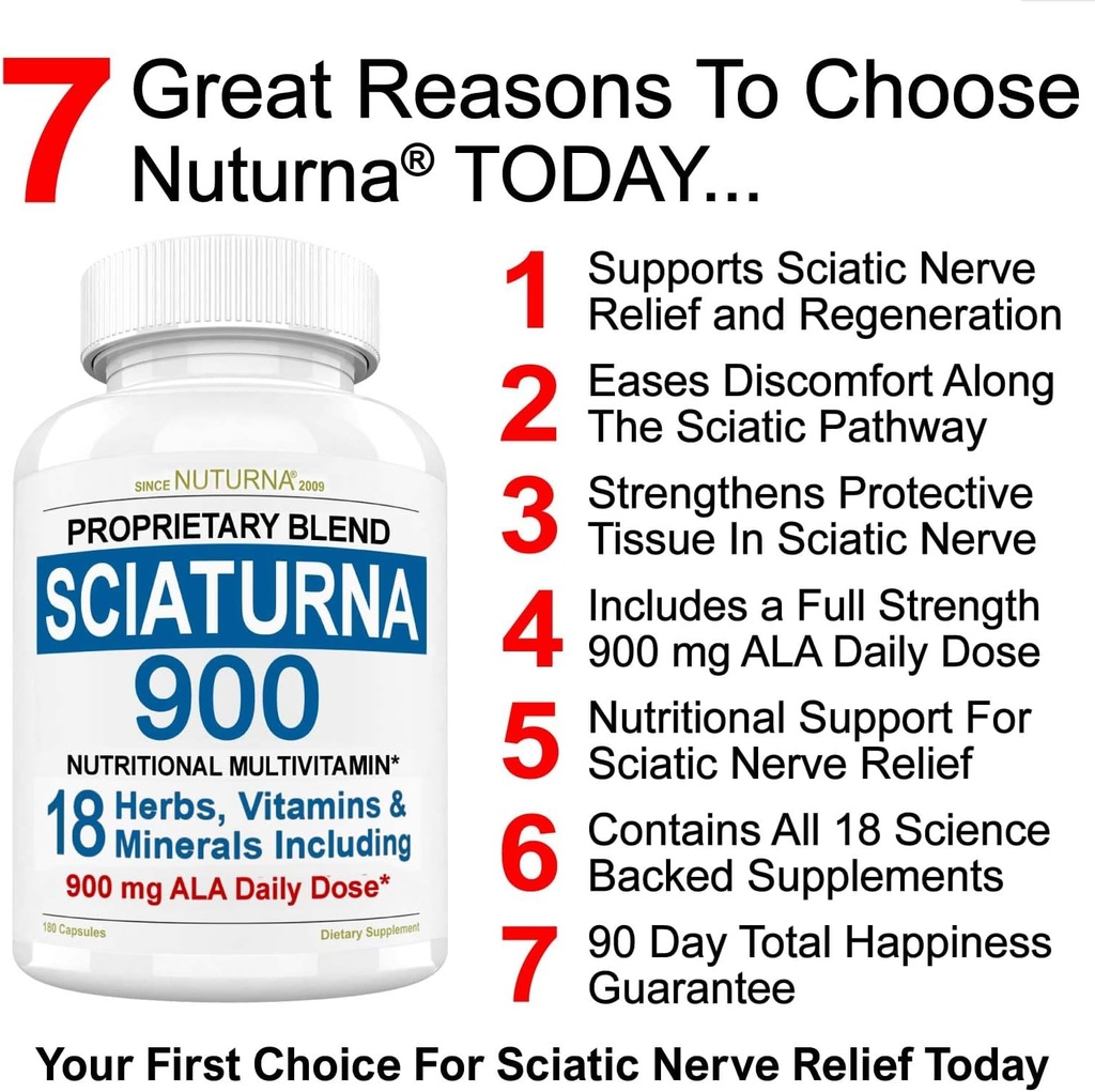 Sciatic Nerve Support Formel med 900 mg Alpha Lipoic Acid - 18 i 1 Sciatica Nerve supplement til lændehvirvel, Hip, Lumbar, Ben, Foot Gurkemeje Curcumin - 180 Pills Made in The USA