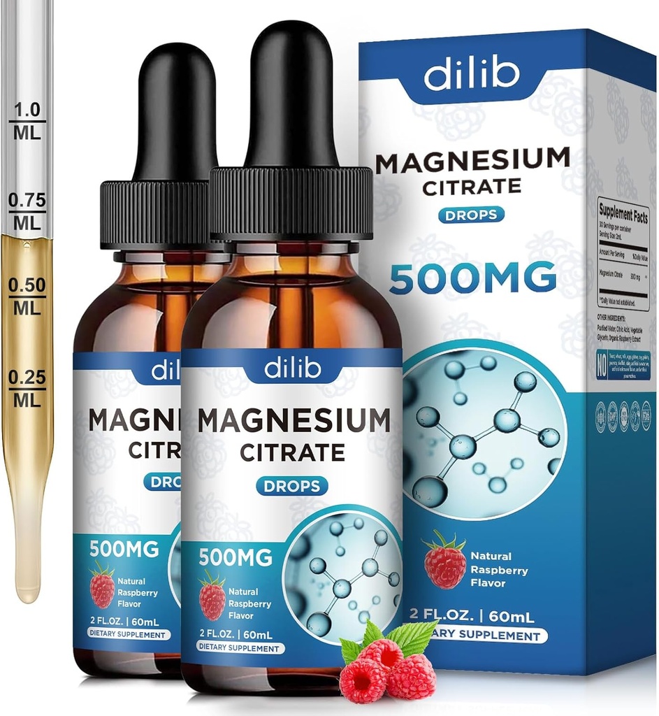 (2 Pack) Magnesium Citrate Liquid Magnesium Drops Supplement 500mg- Support Stress Relief, Ben, Muskel, Mood, Sleep-4 Fl Oz, Vegan, Raspberry Flavor